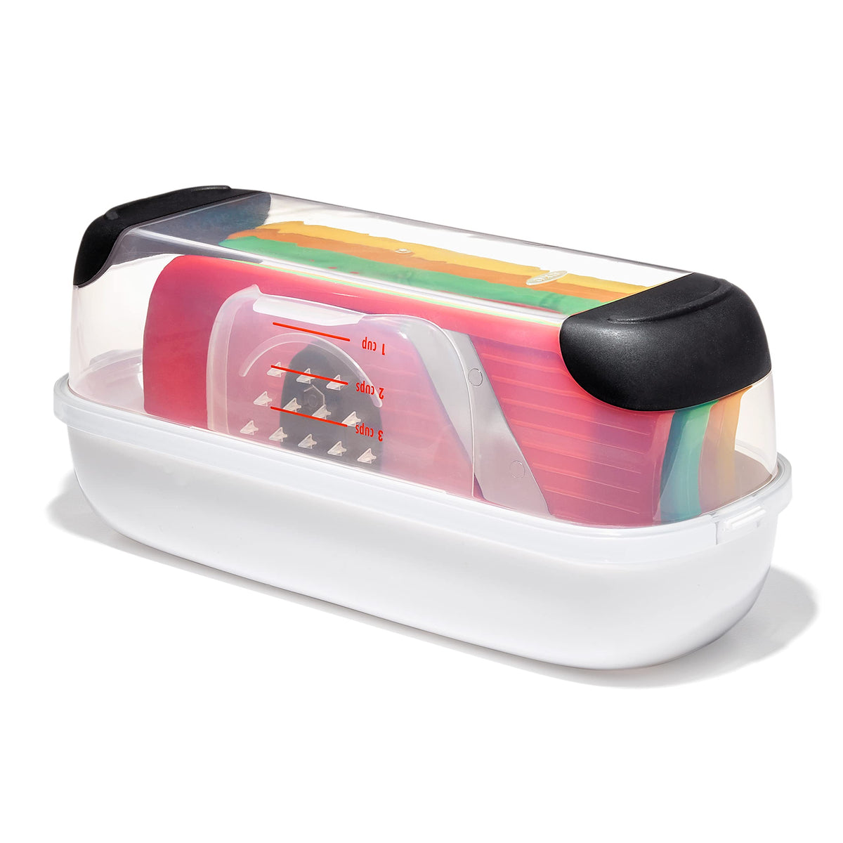 OXO Good Grips Complete Grate & Slice Set coarse grating surface over bowl for quick prep