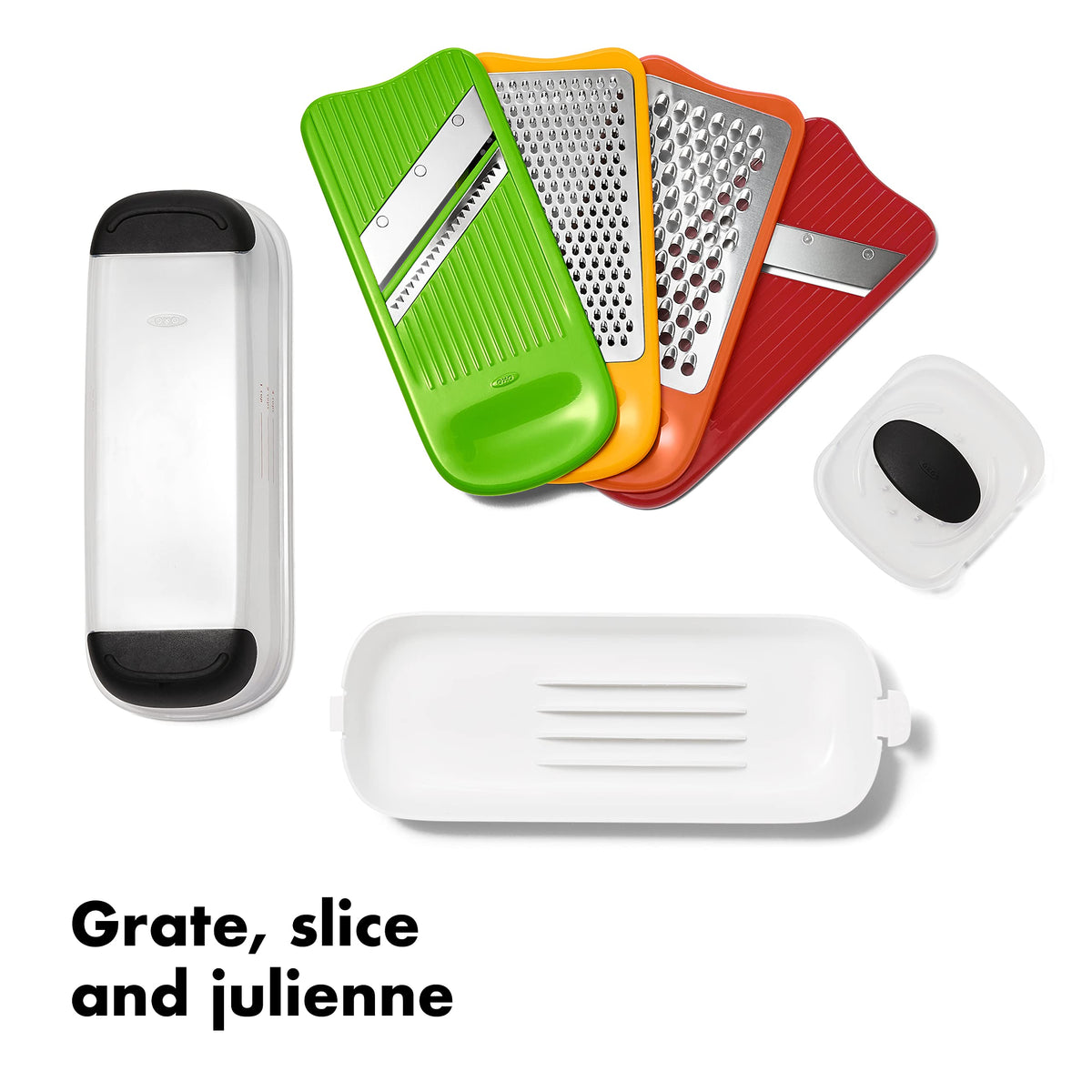 OXO Good Grips Complete Grate & Slice Set straight slicing surface creates clean ribbons over plate
