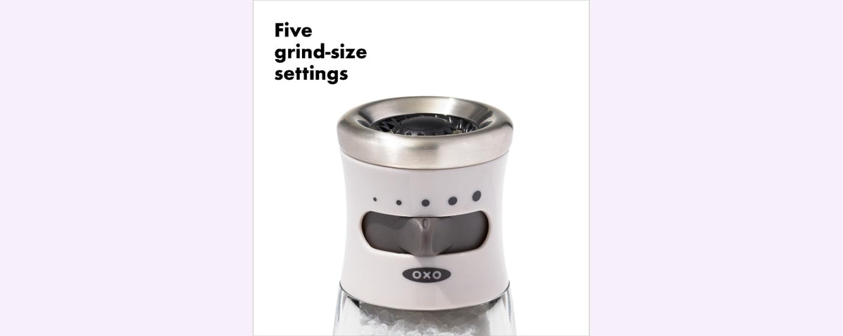 OXO Good Grips Contoured Salt Grinder refill cap open for quick refills