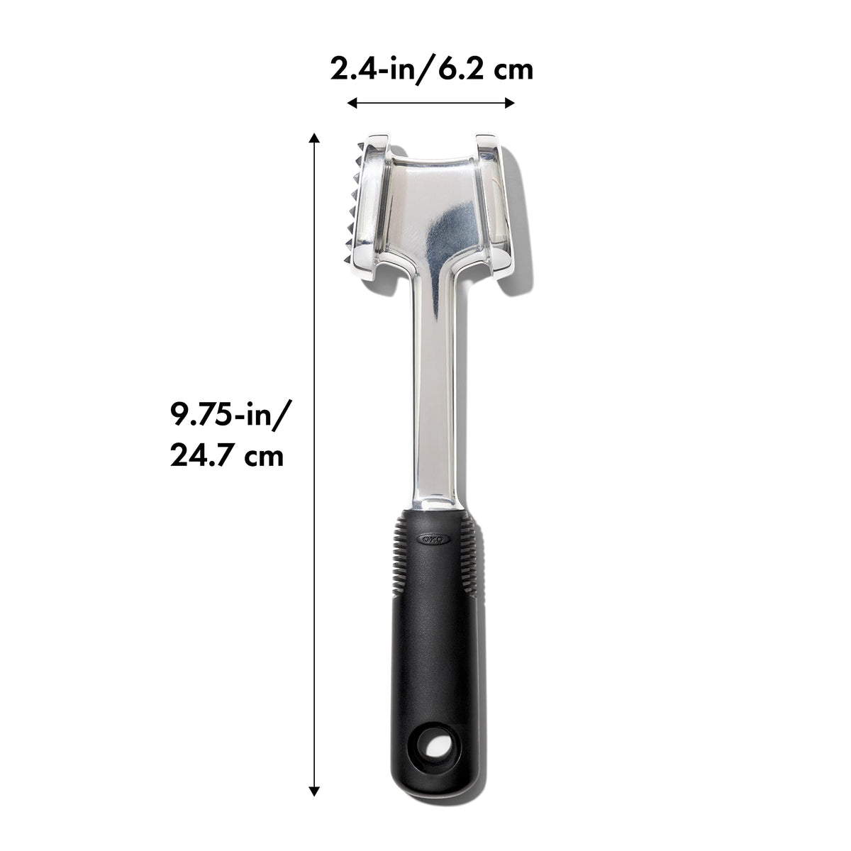 OXO Good Grips die-cast tenderizer with marbled steak ready for cooking