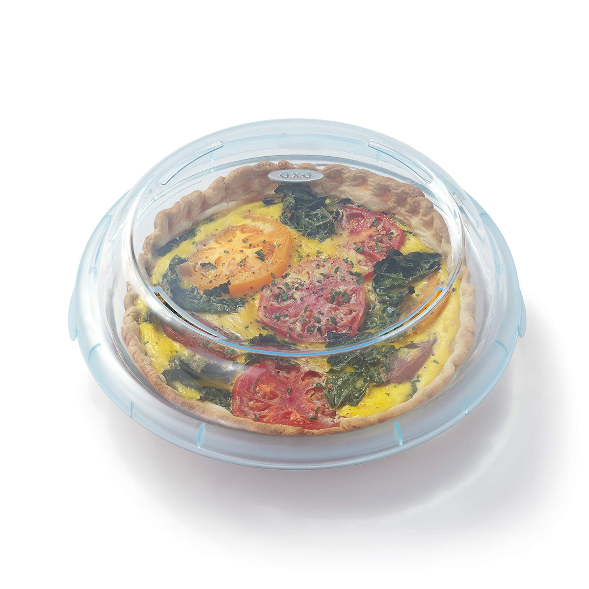 OXO Good Grips leak-proof lid on glass pie plate during storage.
