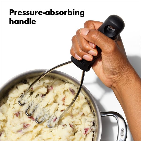 OXO Good Grips dishwasher-safe masher for quick cleanup after meals.