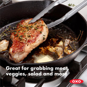 OXO Good Grips dishwasher-safe tongs for quick cleanup.