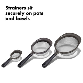 OXO Good Grips dishwasher-safe strainers simplify post-meal cleanup.