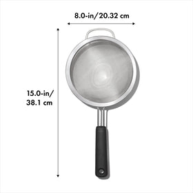 OXO Good Grips double-rod strainer shows sturdy build for stable rest on bowls.
