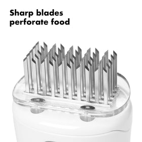 OXO Good Grips Easy-Clean Bladed Meat Tenderizer clear base view for tracking tenderization.