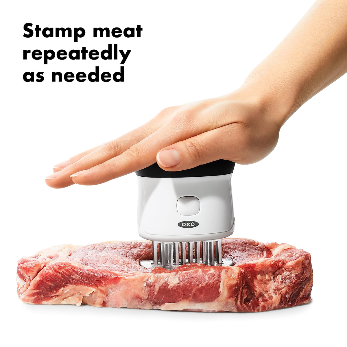 OXO Good Grips Easy-Clean Bladed Meat Tenderizer with contoured grip for comfortable stamping.