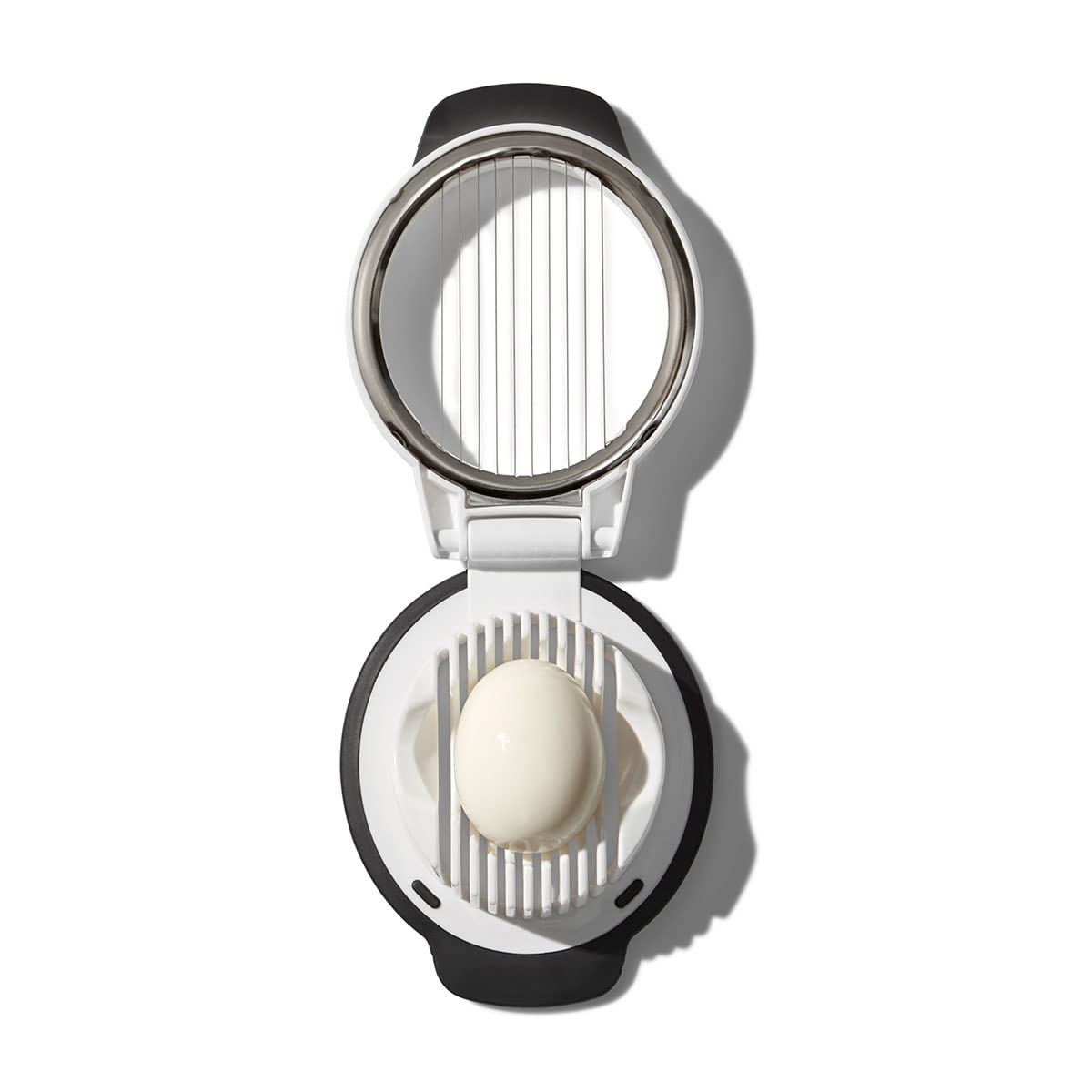 OXO Good Grips Egg Slicer holder cradle stabilizes the egg for even cuts.