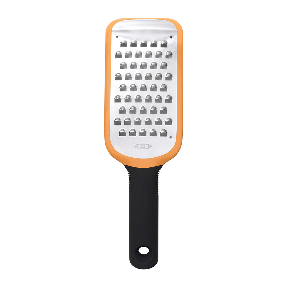 OXO Good Grips etched coarse grater with orange handle for fast, comfortable grating