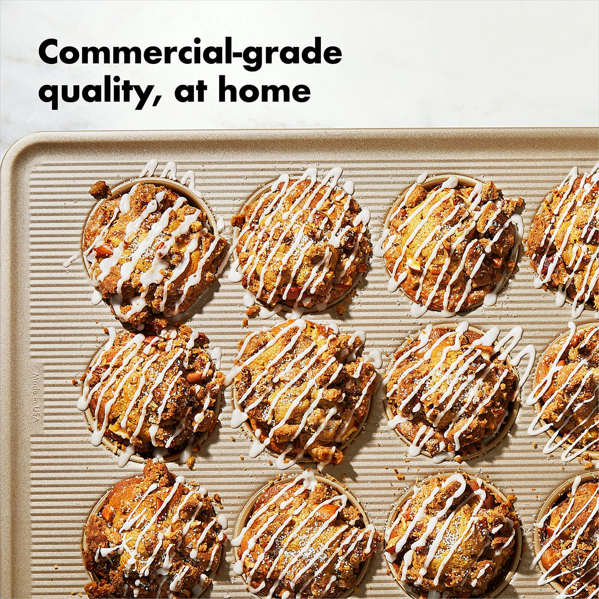 Even heat distribution feature highlighted on OXO Good Grips muffin pan