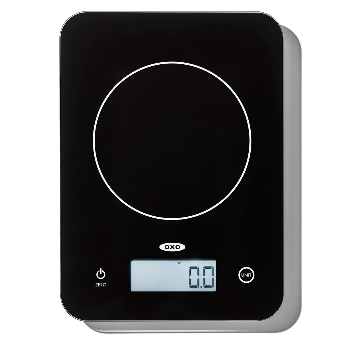OXO Good Grips Everyday Glass Food Scale front view shows compact profile for small counters