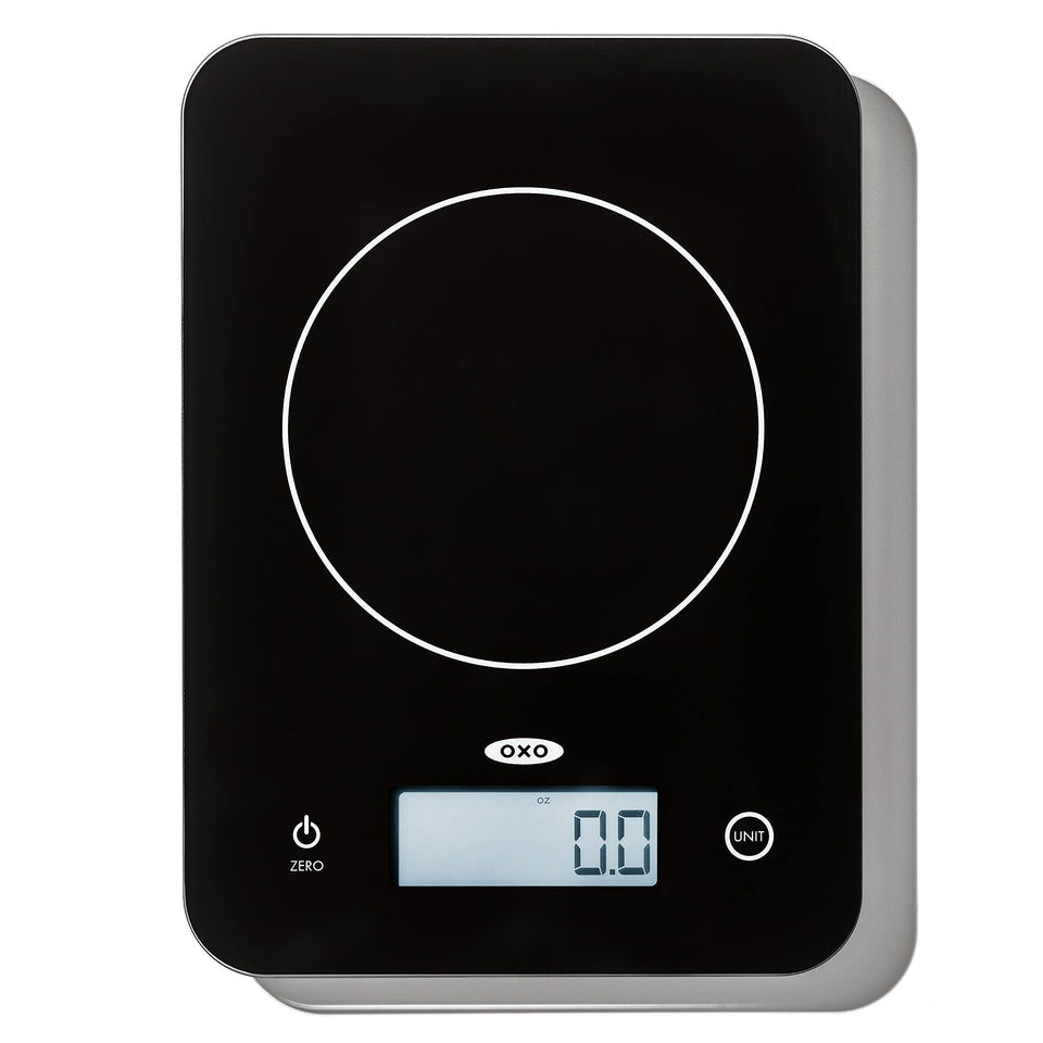OXO Good Grips Everyday Glass Food Scale front view shows compact profile for small counters