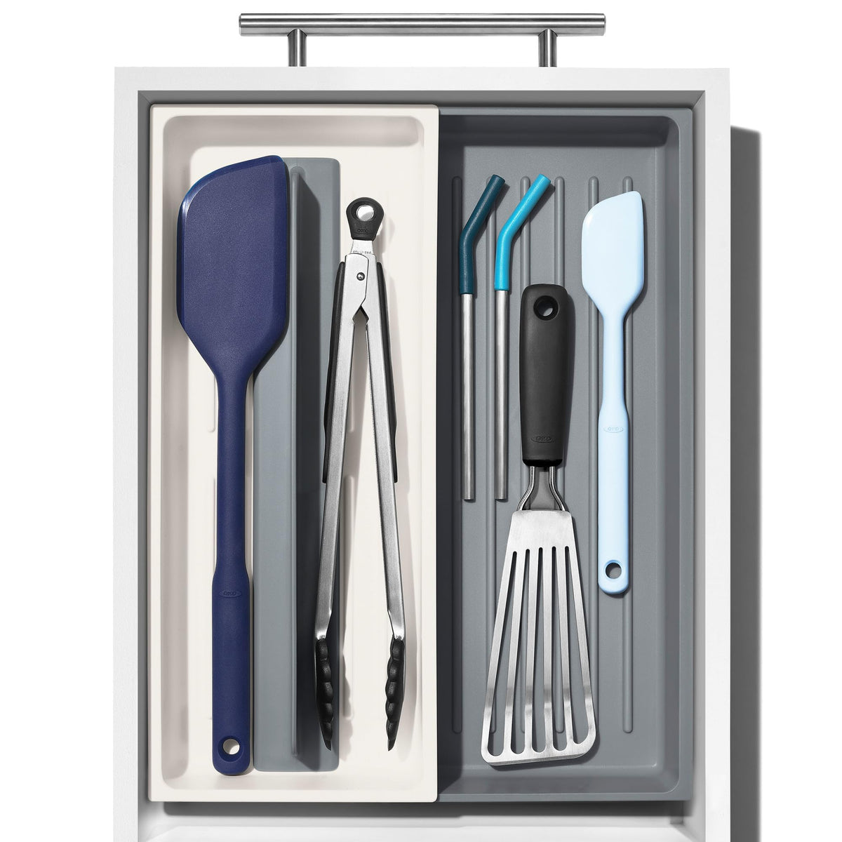 OXO Good Grips Expandable Long Tool Organizer with adjustable dividers for configurable storage.