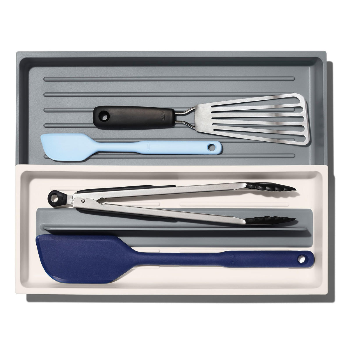OXO Good Grips Expandable Long Tool Organizer in-drawer layout provides easy access to spatulas.