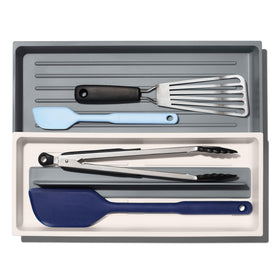 OXO Good Grips Expandable Long Tool Organizer in-drawer layout provides easy access to spatulas.