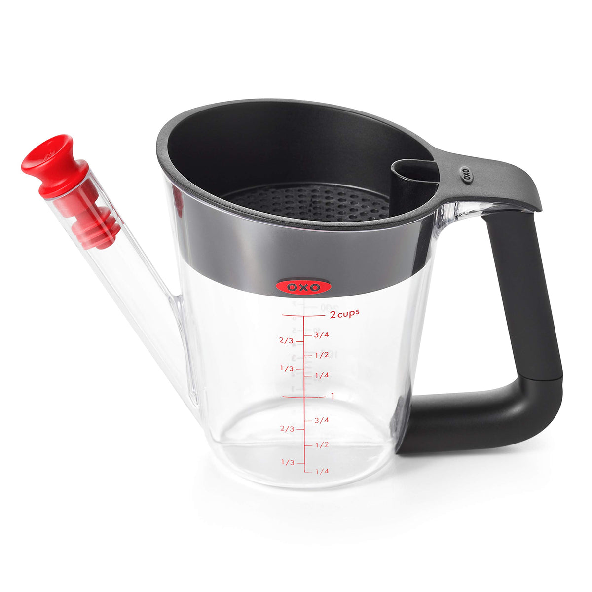OXO Good Grips fat separator 2 cup front view with clear measurements for precise gravy