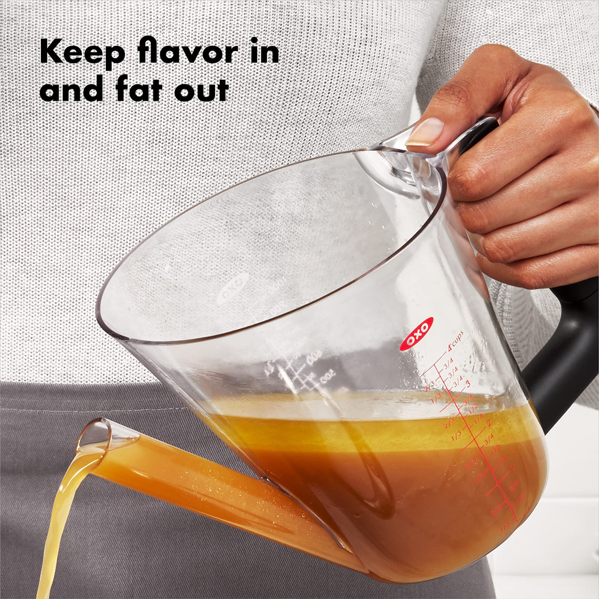 OXO Good Grips 4 Cup Fat Separator shows measurement marks for easy portioning.