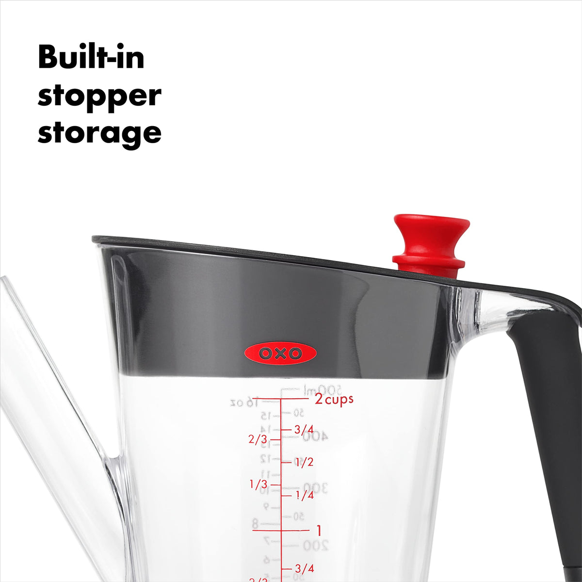OXO raised shield minimizes splashes during pouring