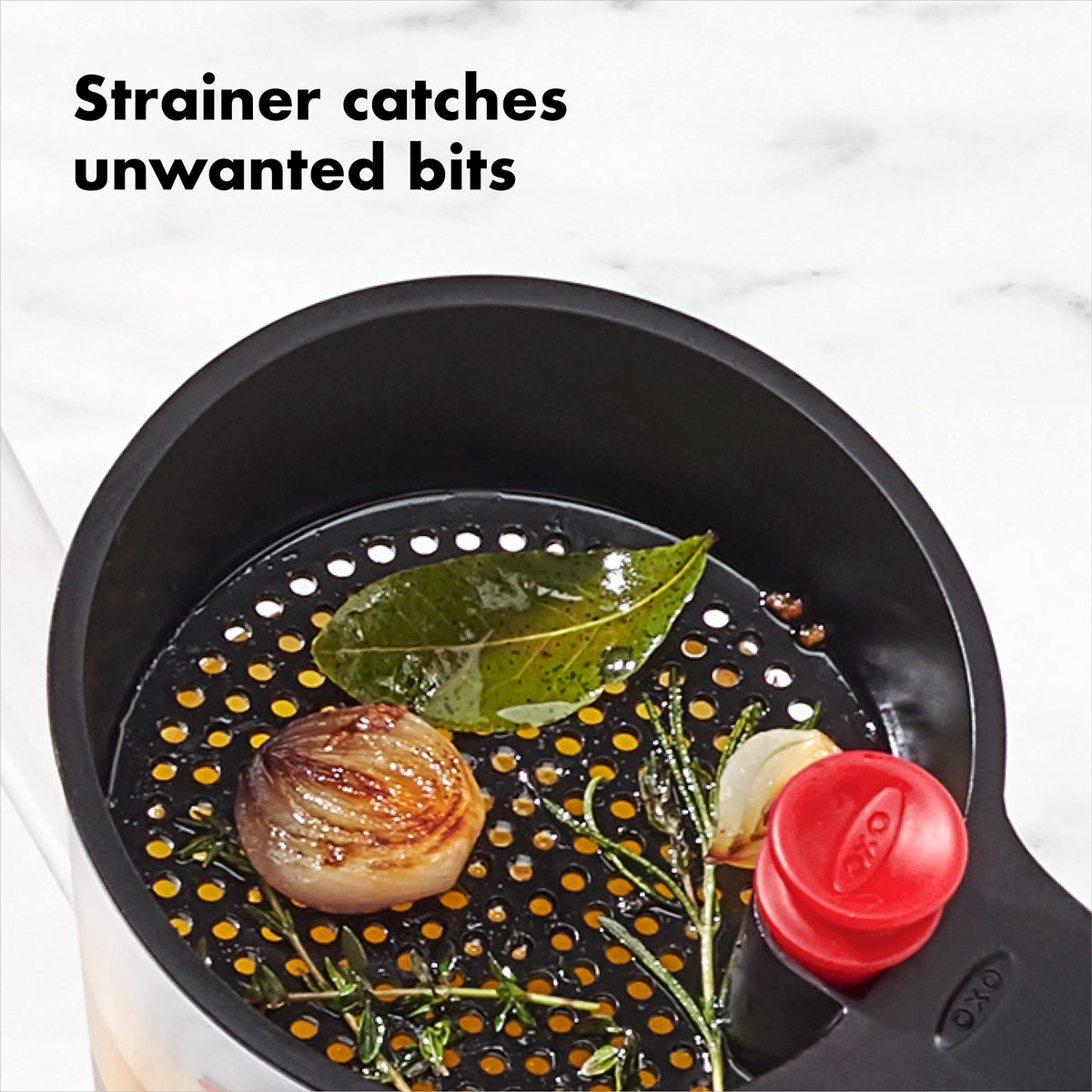 OXO Good Grips stopper in spout feature keeps fat out while pouring flavorful liquids