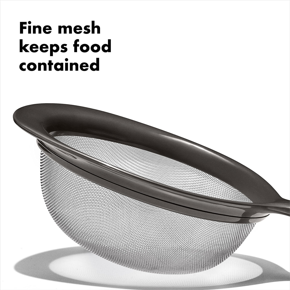 OXO Good Grips 8-inch fine mesh strainer for pasta and blanching.