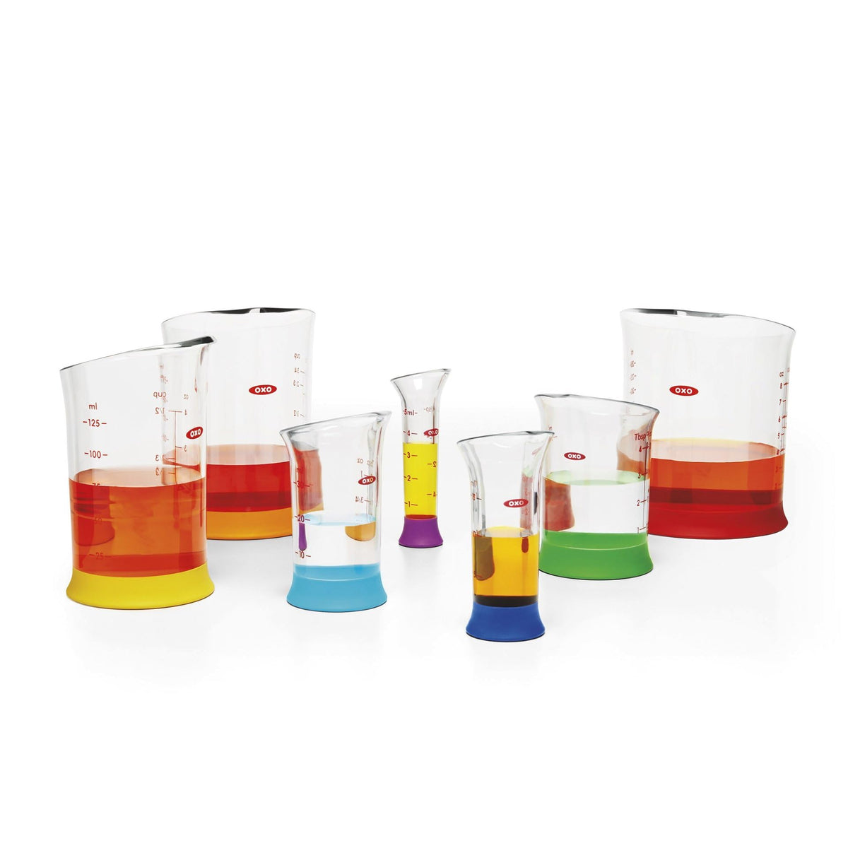 OXO Good Grips beakers with flat, stable bases for steady pouring.