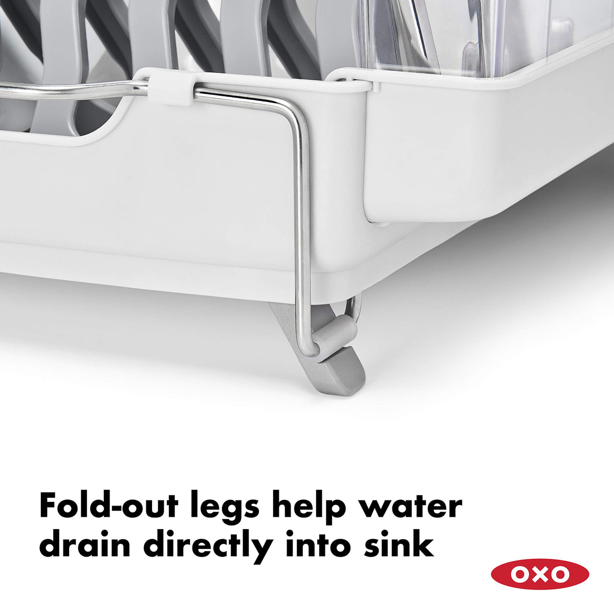 OXO Good Grips Foldaway Dish Rack cup racks cradle mugs to prevent drips.