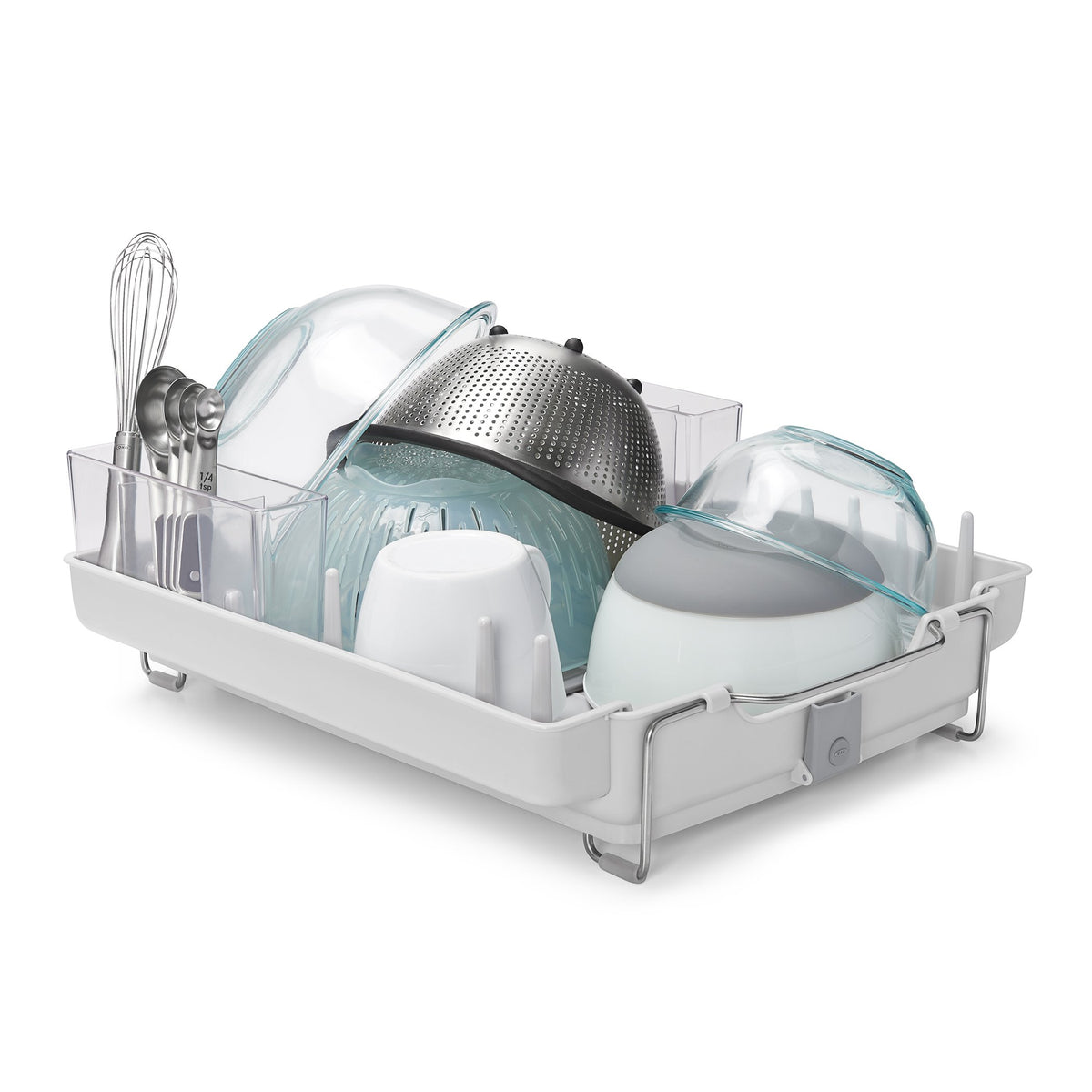 OXO Good Grips Foldaway Dish Rack closed and open dimensions shown for planning.