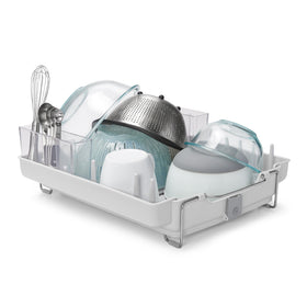 OXO Good Grips Foldaway Dish Rack closed and open dimensions shown for planning.