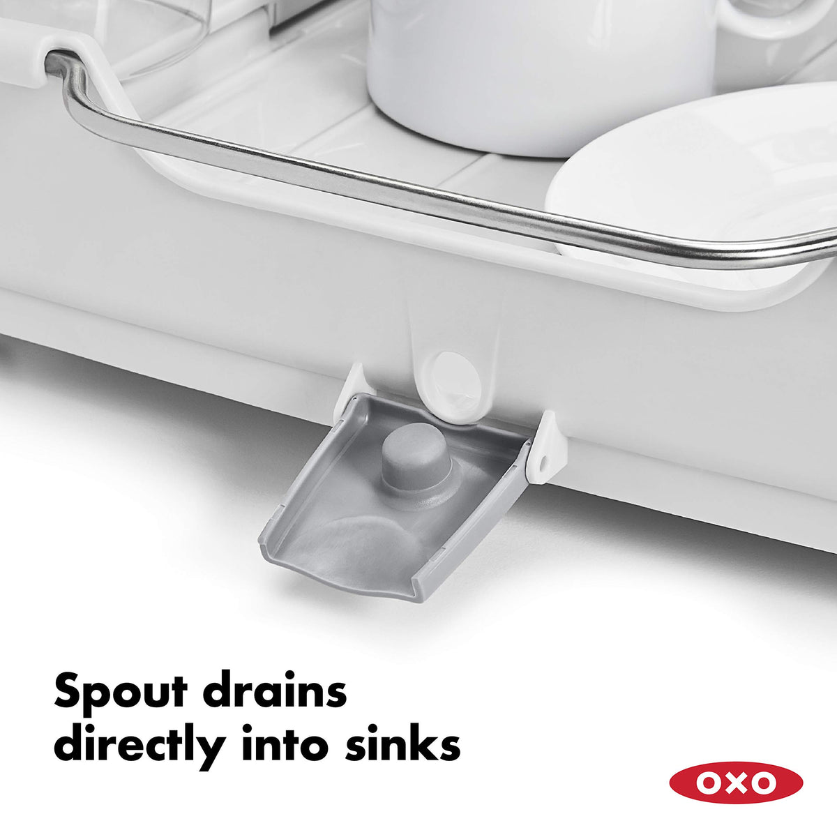 OXO Good Grips Foldaway Dish Rack pour spout drains directly into sink.