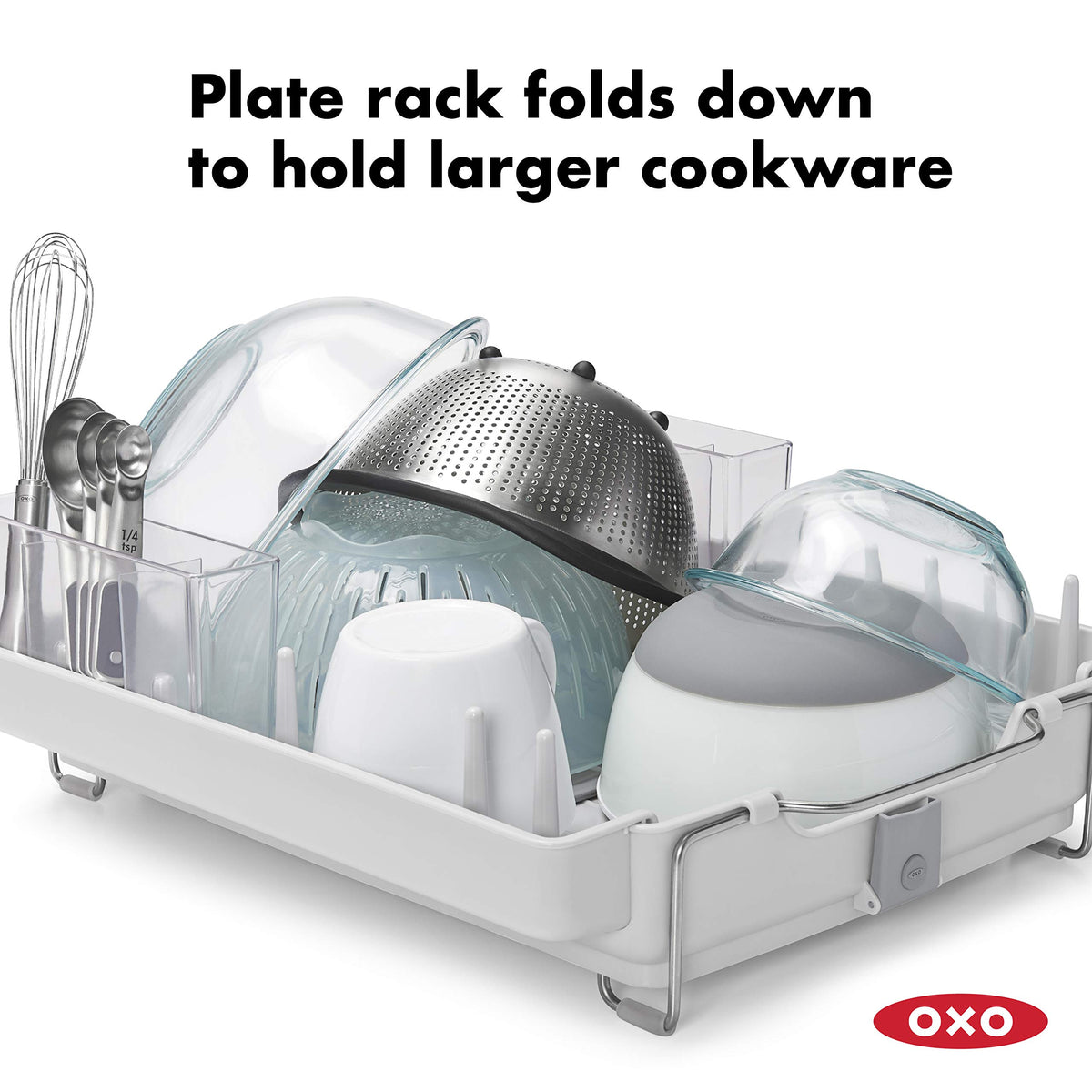 OXO Good Grips Foldaway Dish Rack folded design demonstrates compact storage.