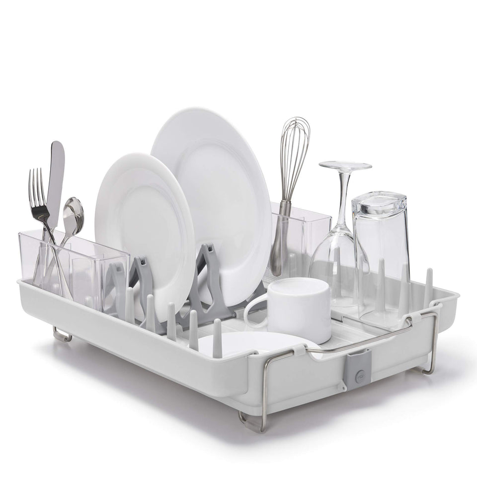 OXO Good Grips Foldaway Dish Rack plate rack keeps plates upright and safe.