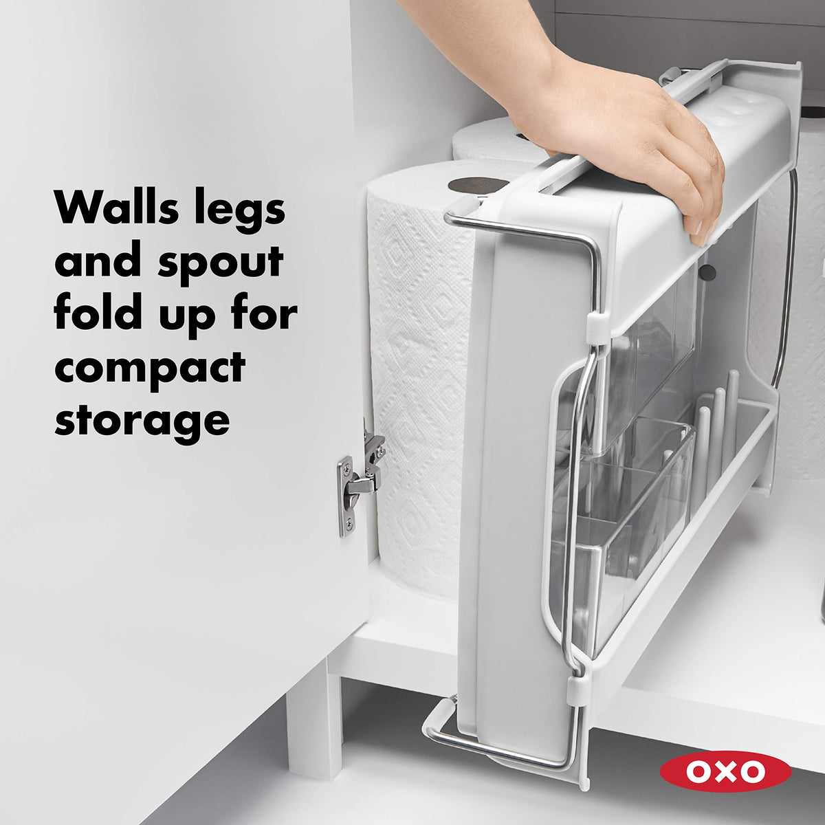 OXO Good Grips Foldaway Dish Rack removable utensil cups for easy unloading.