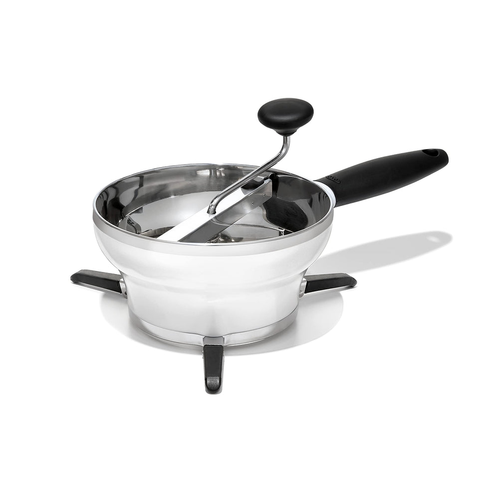 OXO Good Grips Food Mill with stainless steel bowl handles hot ingredients and resists staining.