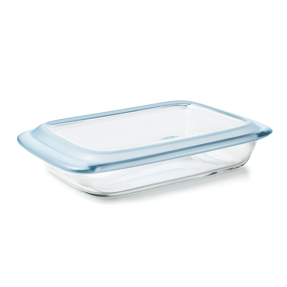 OXO Good Grips freezer-to-oven baking dish with lid for easy transport.