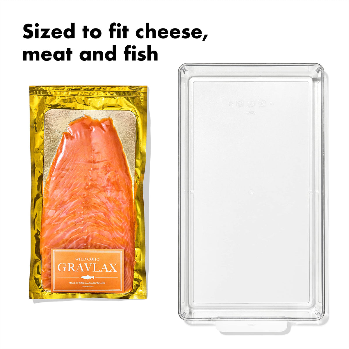OXO Good Grips fridge bin smooth base glides on shelves for quick viewing