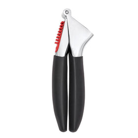 OXO Good Grips Garlic Press front view showing durable die-cast zinc construction for heavy use.