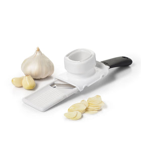 OXO Good Grips Garlic Slicer front view with ergonomic handle for comfortable slicing