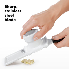 OXO Good Grips Garlic Slicer textured ramp prevents sticking for cleaner prep