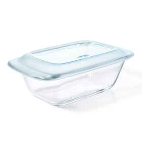 OXO Good Grips glass loaf pan with lid for easy baking and storage.