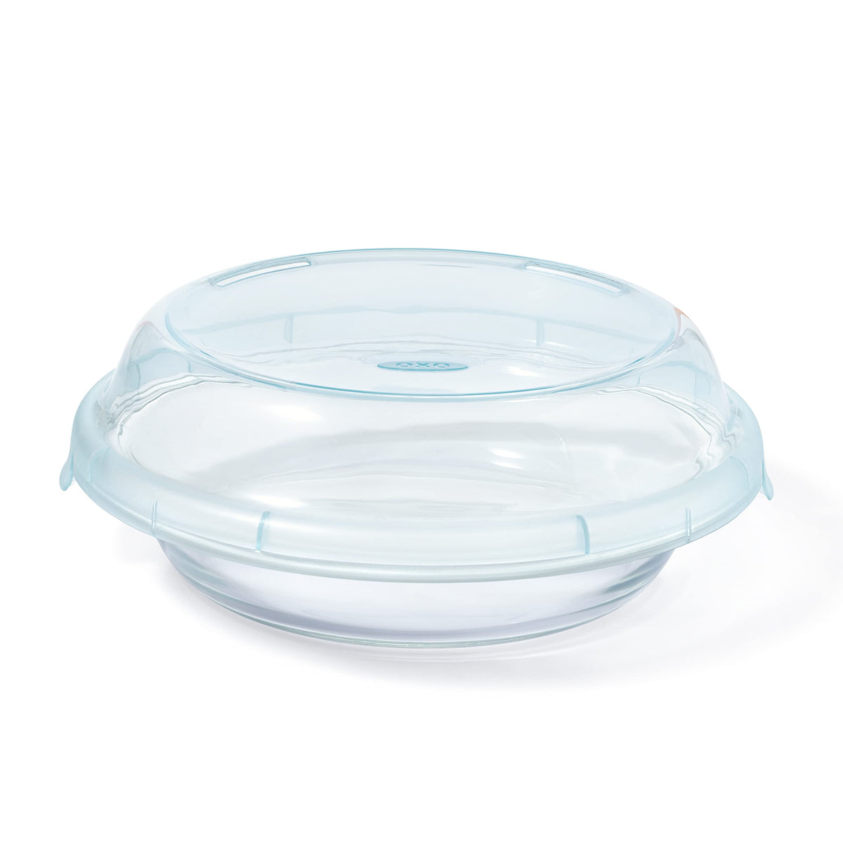 OXO Good Grips glass pie plate with lid, 9-inch surface for oven-to-fridge storage.