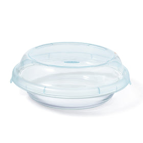 OXO Good Grips glass pie plate with lid, 9-inch surface for oven-to-fridge storage.