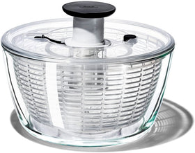 OXO Good Grips Glass Salad Spinner base and bowl provide stable counter use.