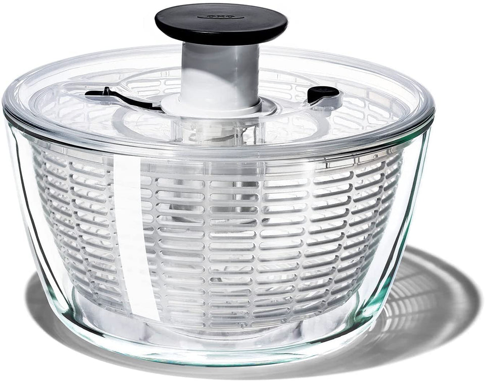 OXO Good Grips Glass Salad Spinner base and bowl provide stable counter use.
