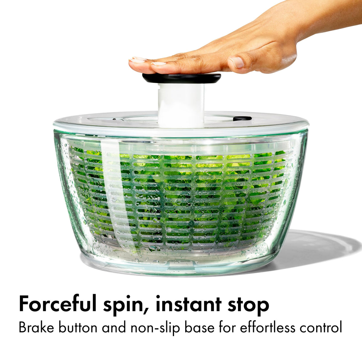 OXO Good Grips Glass Salad Spinner brake button stops the basket instantly.
