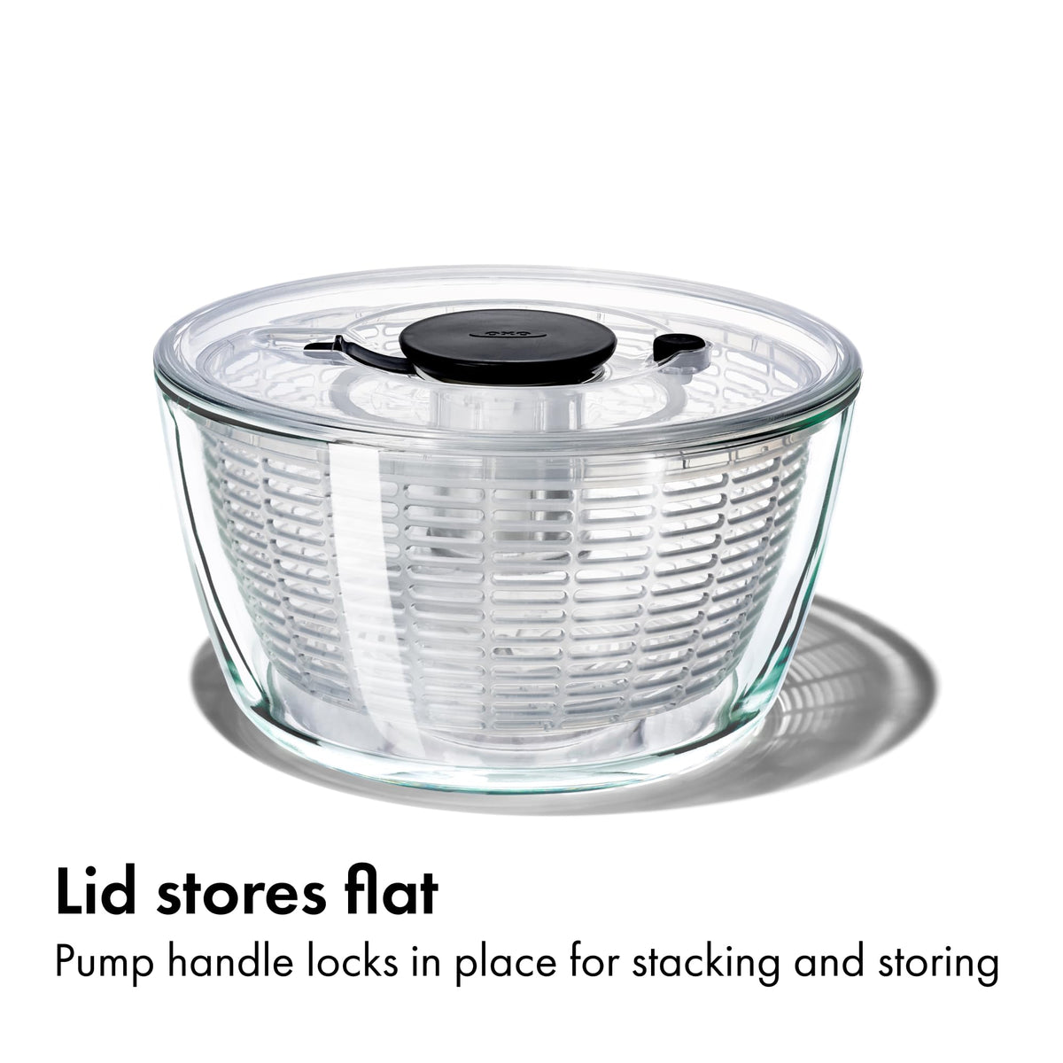 OXO Good Grips Glass Salad Spinner lid and parts are top-rack dishwasher safe.