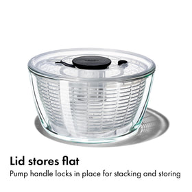 OXO Good Grips Glass Salad Spinner lid and parts are top-rack dishwasher safe.