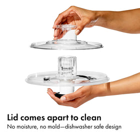 OXO Good Grips Glass Salad Spinner lid locks flush for compact storage.