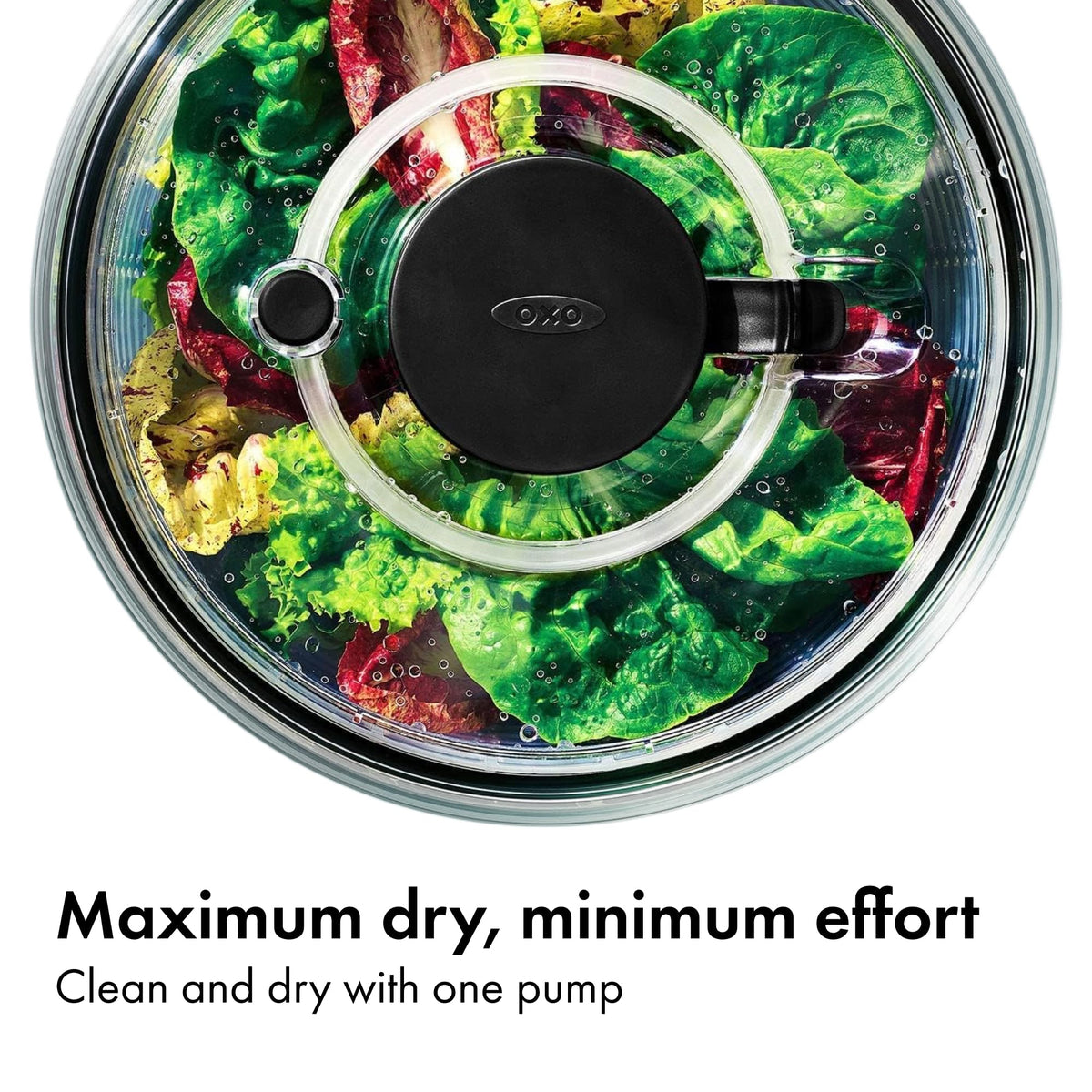 OXO Good Grips Glass Salad Spinner pump operation enables one-handed use.