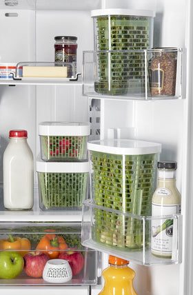 OXO Greensaver hinged basket enables easy access while protecting delicate leaves