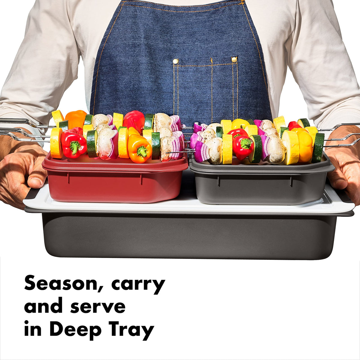 OXO Good Grips Grilling Prep & Carry System deep tray for marinating and serving without mess.